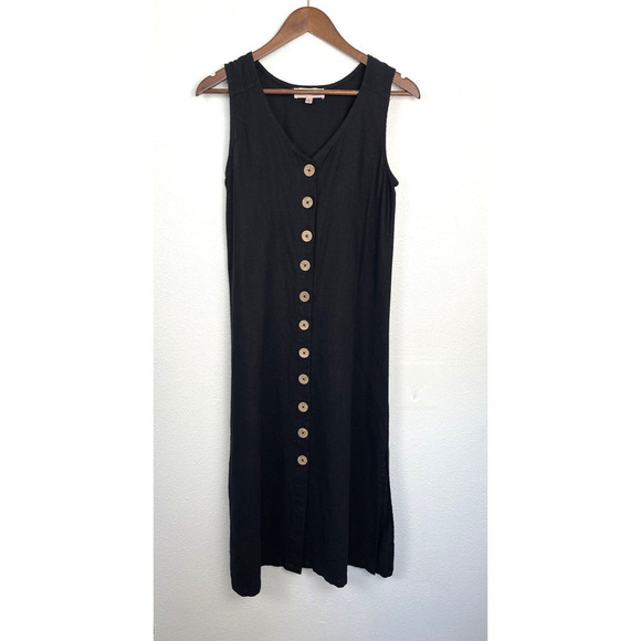 Philosophy Dresses & Skirts - Philosophy Linen Midi Dress Womens Size 4 Black Button Front Natural Lagenlook